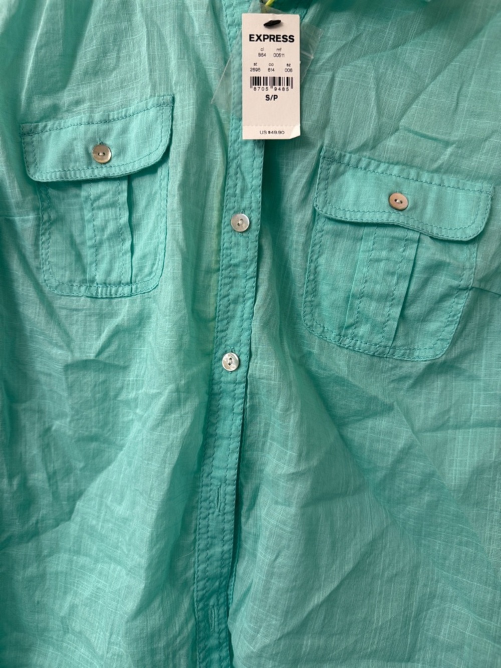 Express Turquoise Button-Up Shirt with Chest Pockets - Picture 6 of 7